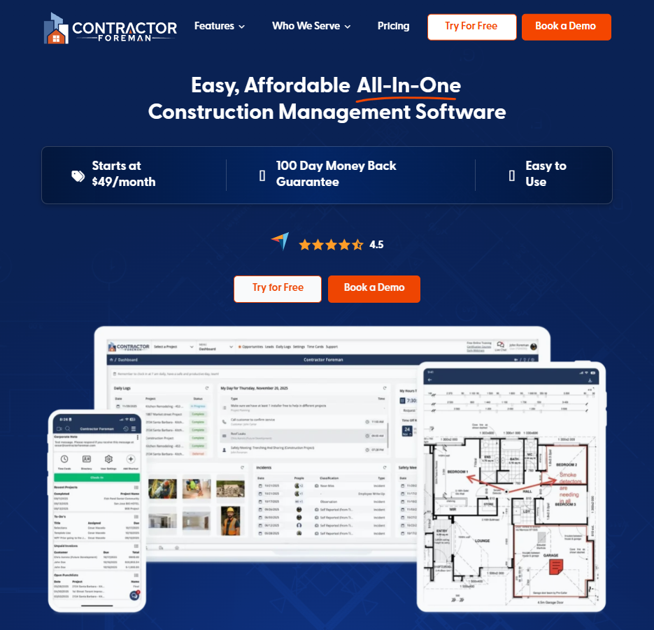 Screenshot of the Contractor Foreman homepage promoting affordable all-in-one construction management software, highlighting pricing from $49 per month, a 100-day money-back guarantee, and mobile, desktop, and tablet views of project management, daily logs, and plan-markup tools.