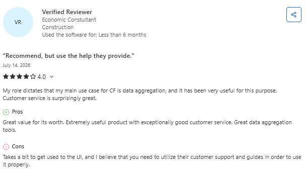 Screenshot of a Capterra review from a verified economic consultant describing Contractor Foreman as a valuable construction management platform with strong data aggregation tools and responsive customer support, while noting that the interface has a learning curve and benefits from using the available training resources.