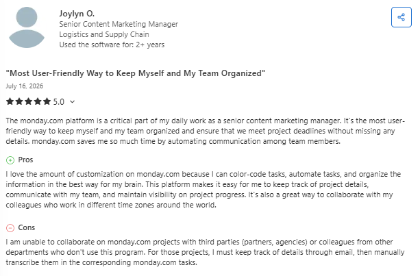 Screenshot of a Capterra review from Joylyn O. praising monday.com for its customizable workflows, task automation, and collaboration features, while noting limitations when working with external partners who do not use the platform.
