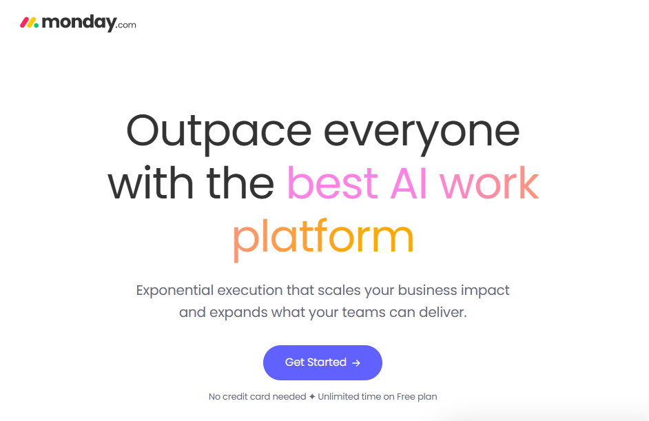 Screenshot of the monday.com homepage promoting its AI work platform with the headline “Outpace everyone with the best AI work platform,” messaging about scaling business impact, and a “Get Started” call-to-action.