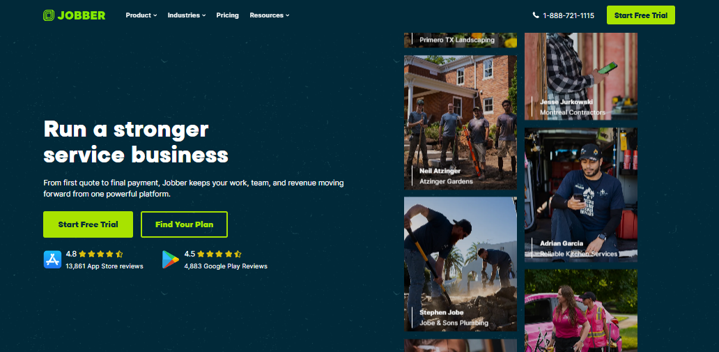 Screenshot of the Jobber homepage promoting its service business management platform, with calls-to-action to start a free trial or find a plan, app store ratings, and photos of home service professionals.