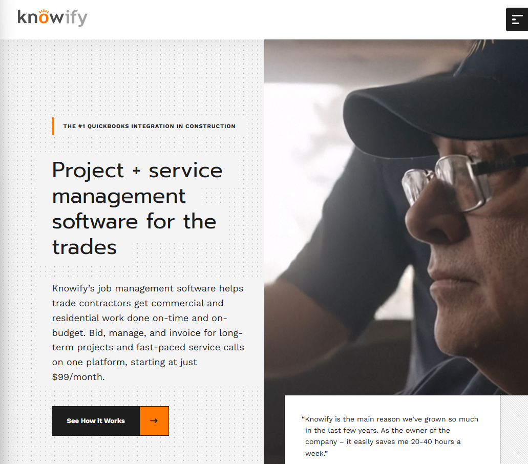Screenshot of the Knowify homepage promoting project and service management software for trade contractors, featuring QuickBooks integration, bidding, job management, and invoicing tools starting at $99 per month.