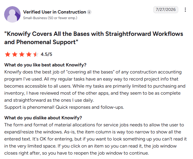 Screenshot of a G2 review from a Verified User in Construction (July 27, 2026) highlighting Knowify's straightforward construction accounting workflows, accessible project information, and responsive customer support, while noting usability limitations in material allocation windows.