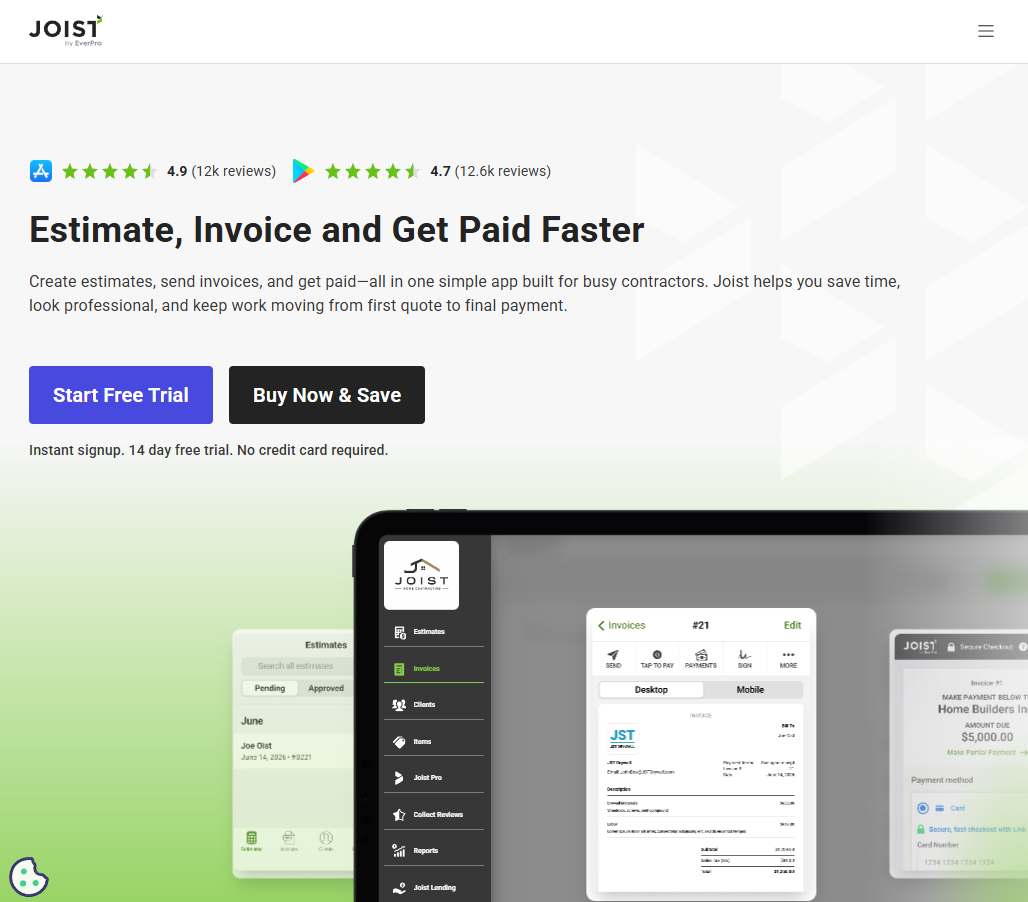 Screenshot of the Joist homepage promoting estimating, invoicing, and payment tools for contractors, with app store ratings, free-trial and purchase buttons, and a product interface preview.
