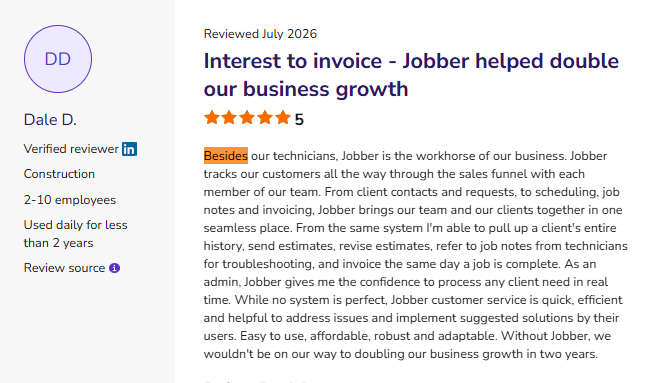Screenshot of a Software Advice review from Dale D. highlighting Jobber's scheduling, invoicing, CRM, and customer communication tools, while noting limitations with custom reports and batch actions.