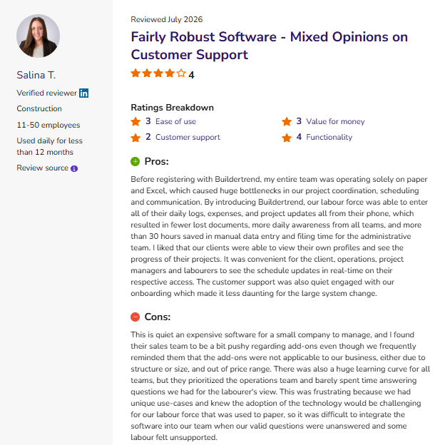 Screenshot of a Software Advice review from Salina T. describing Buildertrend's mobile project management, scheduling, budgeting, and client communication tools, while noting its high cost, learning curve, and mixed customer support experience.