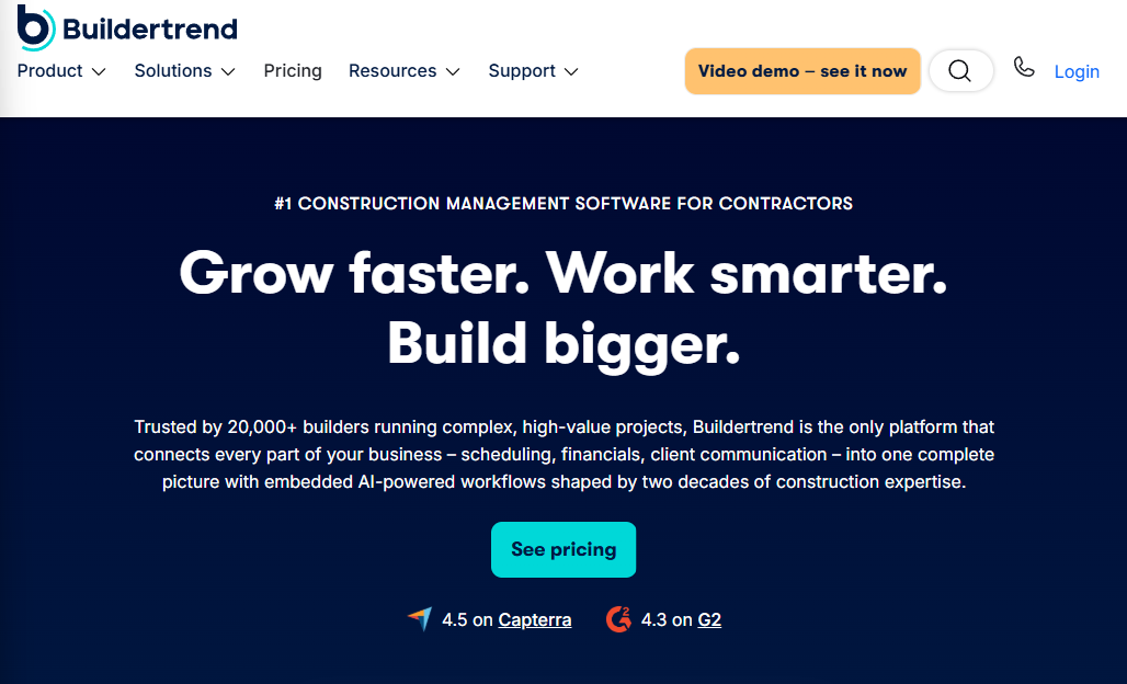 Screenshot of the Buildertrend homepage promoting construction management software for contractors, featuring the headline “Grow faster. Work smarter. Build bigger.” with AI-powered workflows, review ratings, and a call-to-action to see pricing.