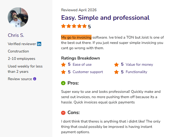Screenshot of a Software Advice review from Chris S. highlighting Joist's simple invoicing workflow, professional-looking estimates, ease of use, and fast payment collection, while suggesting more instant payment options.