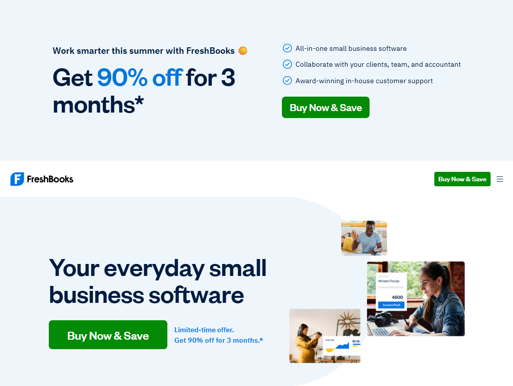 Screenshot of the FreshBooks homepage promoting small business accounting software, featuring a limited-time 90% discount offer, customer collaboration tools, and calls-to-action to buy now and save.
