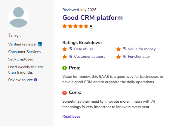 Screenshot of a Software Advice review from Tony J. highlighting FreshBooks' value as an affordable CRM and business management tool for organizing daily operations, while suggesting the platform should continue innovating with new AI features.