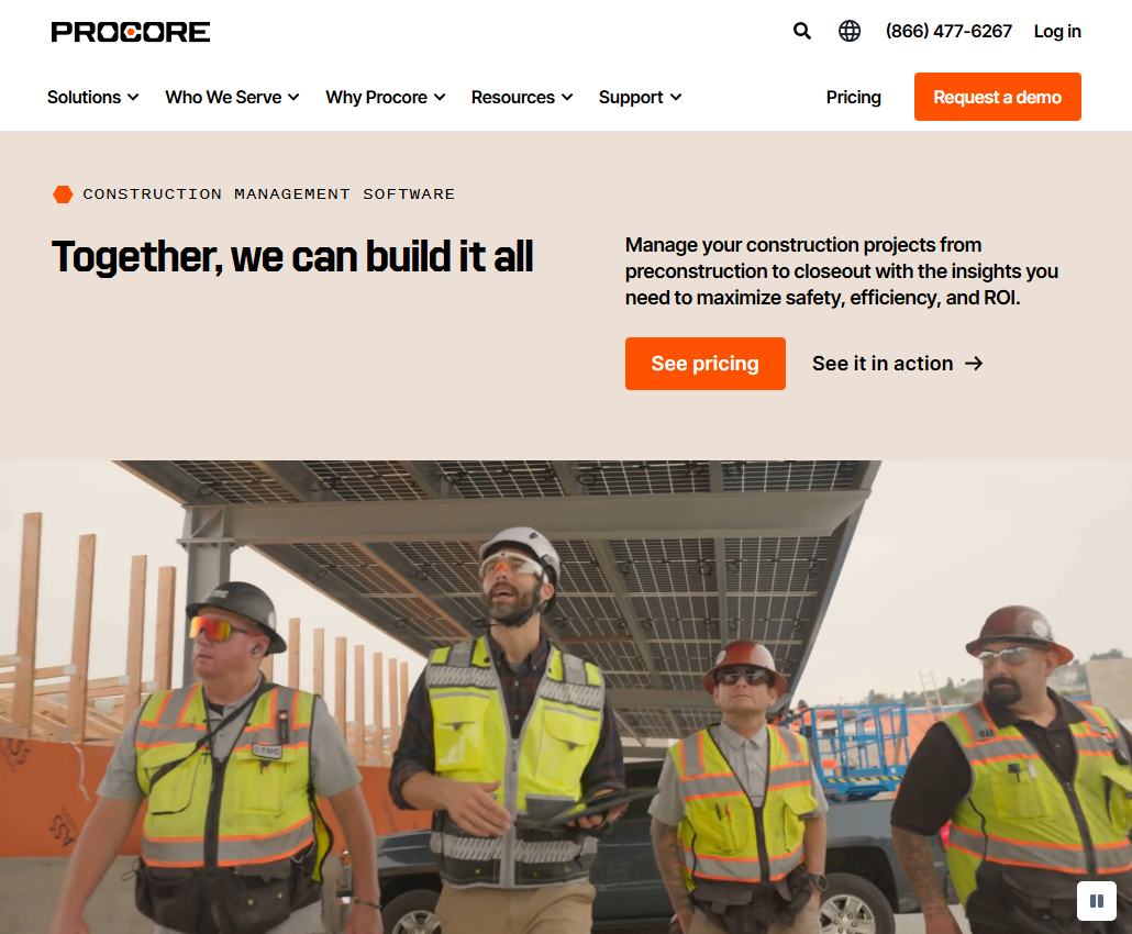 Screenshot of the Procore homepage promoting construction management software, featuring the headline “Together, we can build it all,” with calls-to-action to see pricing and request a demo, alongside a construction crew on a job site.