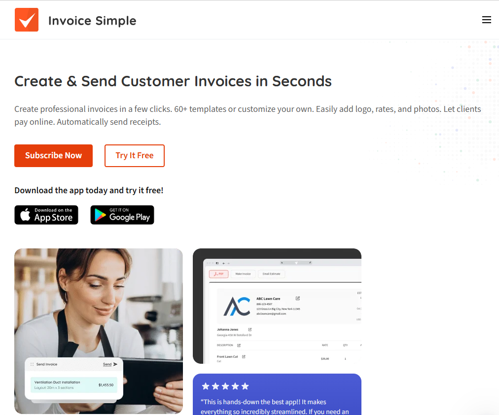 Screenshot of the Invoice Simple homepage promoting customizable invoice creation, online payments, automatic receipts, and mobile apps, with calls-to-action to subscribe or try the service for free.