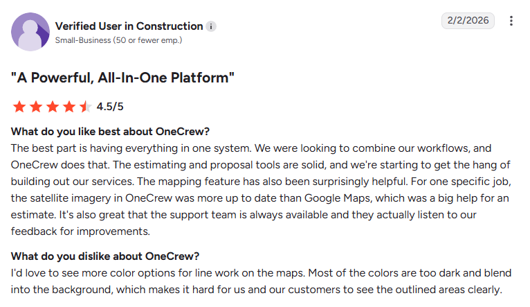 Screenshot of a G2 review from a Verified User in Construction (February 2, 2026) praising OneCrew's all-in-one project management platform, estimating and mapping features, while suggesting improvements to map color customization.