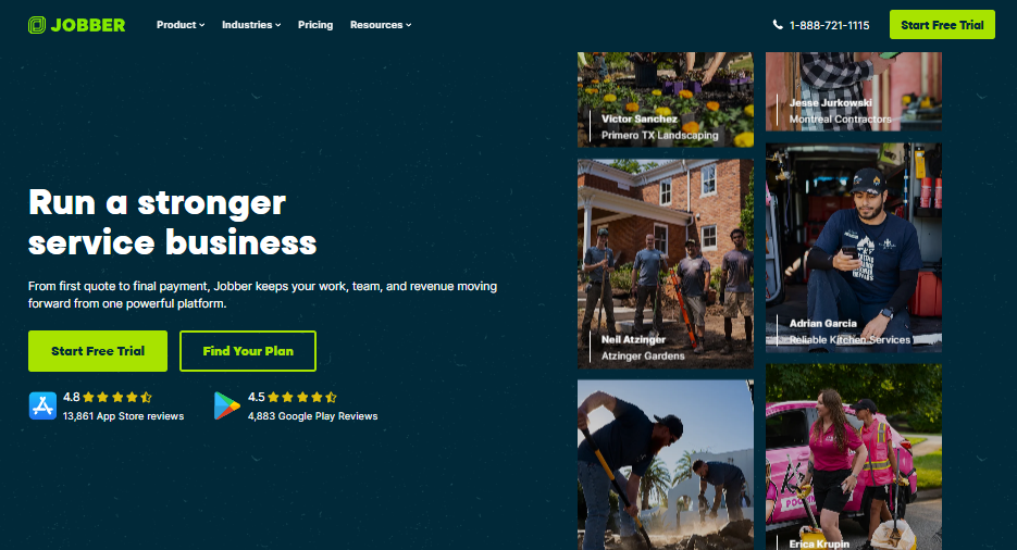 Screenshot of Jobber's homepage featuring the headline "Run a stronger service business," with calls-to-action for a free trial and pricing, customer ratings from the App Store and Google Play, and photos of landscaping and home service professionals using the platform.