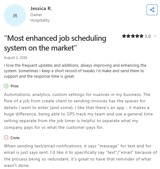 Screenshot of a Capterra review from Jessica R. (August 2, 2026) praising Jobber's scheduling, automation, analytics, and customization features while suggesting clearer text and email notification labels.