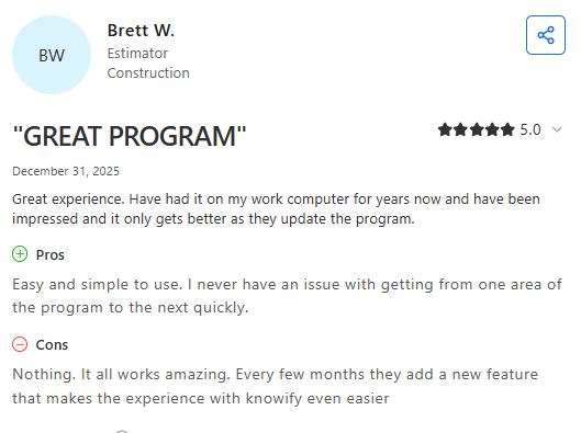 Screenshot of a Capterra review from Brett W. (December 31, 2025) praising Knowify's ease of use, reliability, and continuous feature improvements.