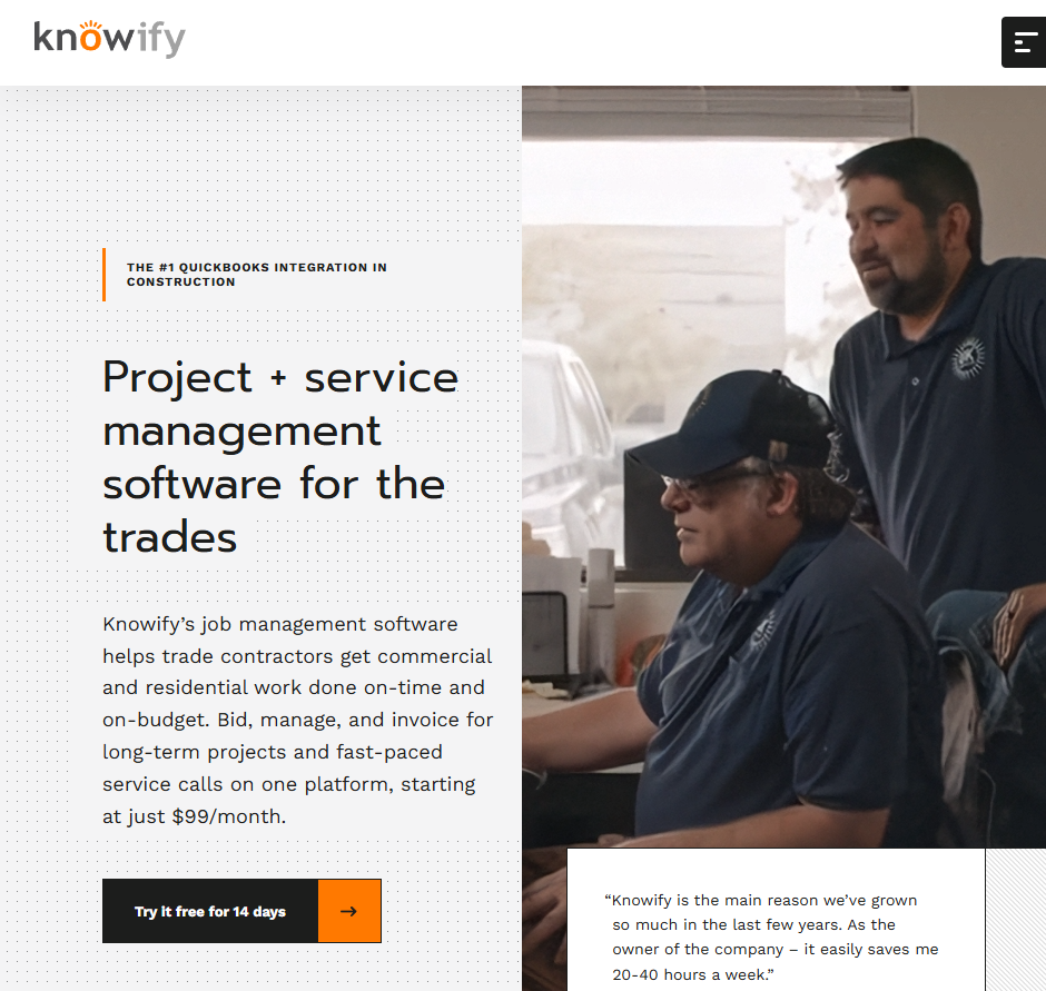 Screenshot of Knowify's homepage featuring the headline "Project + service management software for the trades," highlighting QuickBooks integration, pricing starting at $99/month, a free trial call-to-action, and a photo of contractors using the platform in an office setting.