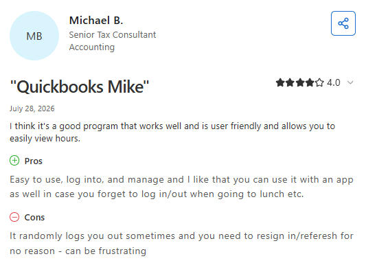 Screenshot of a Capterra review from Michael B. (July 28, 2026) describing QuickBooks Time as easy to use with convenient mobile access while noting occasional logout issues.