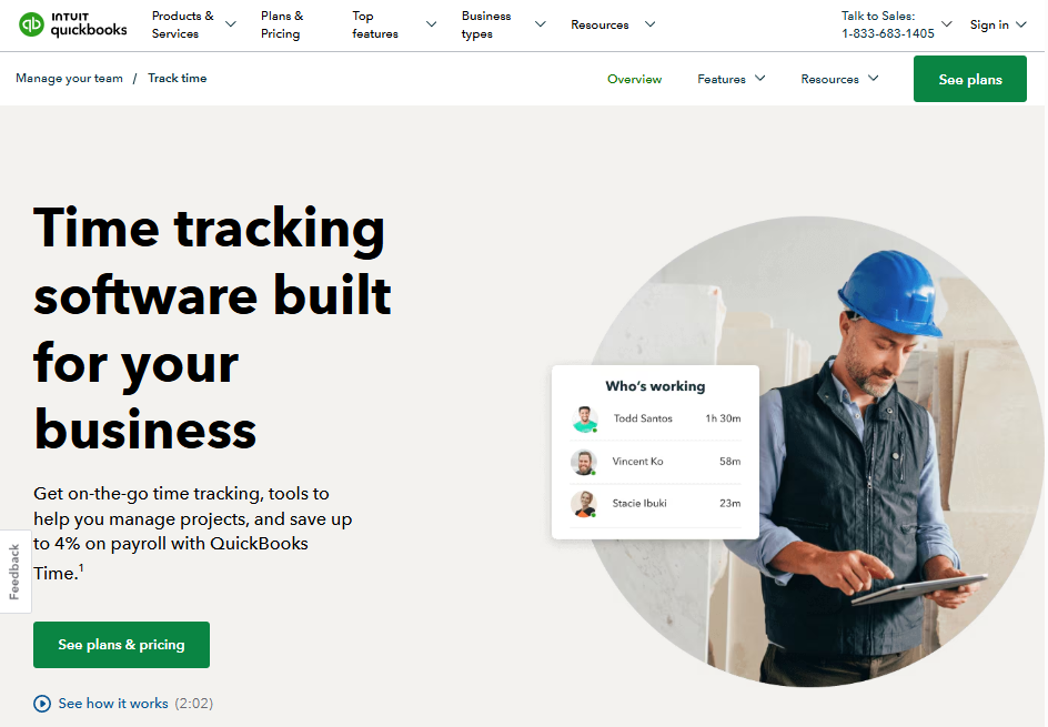 Screenshot of the QuickBooks Time homepage featuring the headline "Time tracking software built for your business," highlighting project time tracking and payroll savings, with a "See plans & pricing" call-to-action and an image of a construction worker using a tablet alongside a live employee time tracking panel.