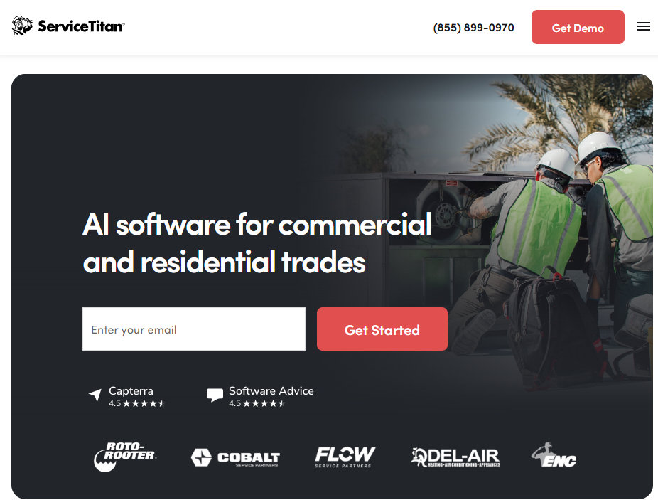 Screenshot of the ServiceTitan homepage featuring the headline "AI software for commercial and residential trades," with an email sign-up form, a "Get Started" call-to-action, customer ratings from Capterra and Software Advice, and an image of technicians servicing commercial HVAC equipment.