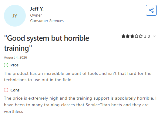 Screenshot of a Capterra review from Jeff Y. (August 4, 2026) highlighting ServiceTitan's extensive field service features while criticizing its expensive and ineffective training program.