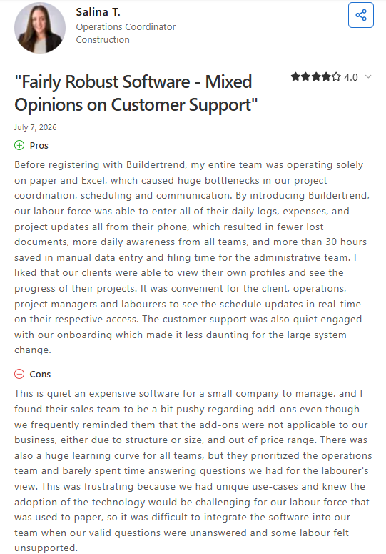 Screenshot of a Capterra review from Salina T. (July 7, 2026) describing Buildertrend as a robust construction management platform that improved project coordination while noting high costs, a steep learning curve, and mixed customer support experiences.