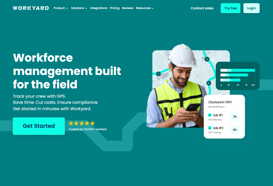 Screenshot of the Workyard homepage featuring the headline "Workforce management built for the field," promoting GPS crew tracking, time tracking, and compliance tools, with a "Get Started" call-to-action, a construction worker using a mobile device, and visual examples of job tracking and workforce analytics.