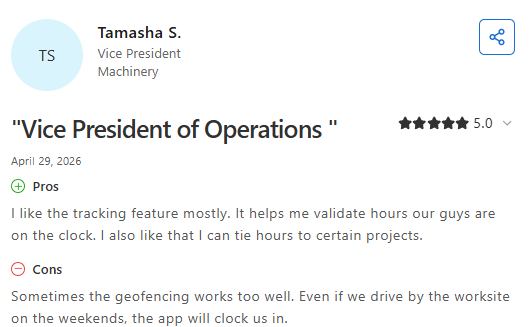 Screenshot of a Capterra review from Tamasha S. (April 29, 2026) praising Workyard's time tracking and project-based hour tracking while noting that its geofencing feature can be overly sensitive.