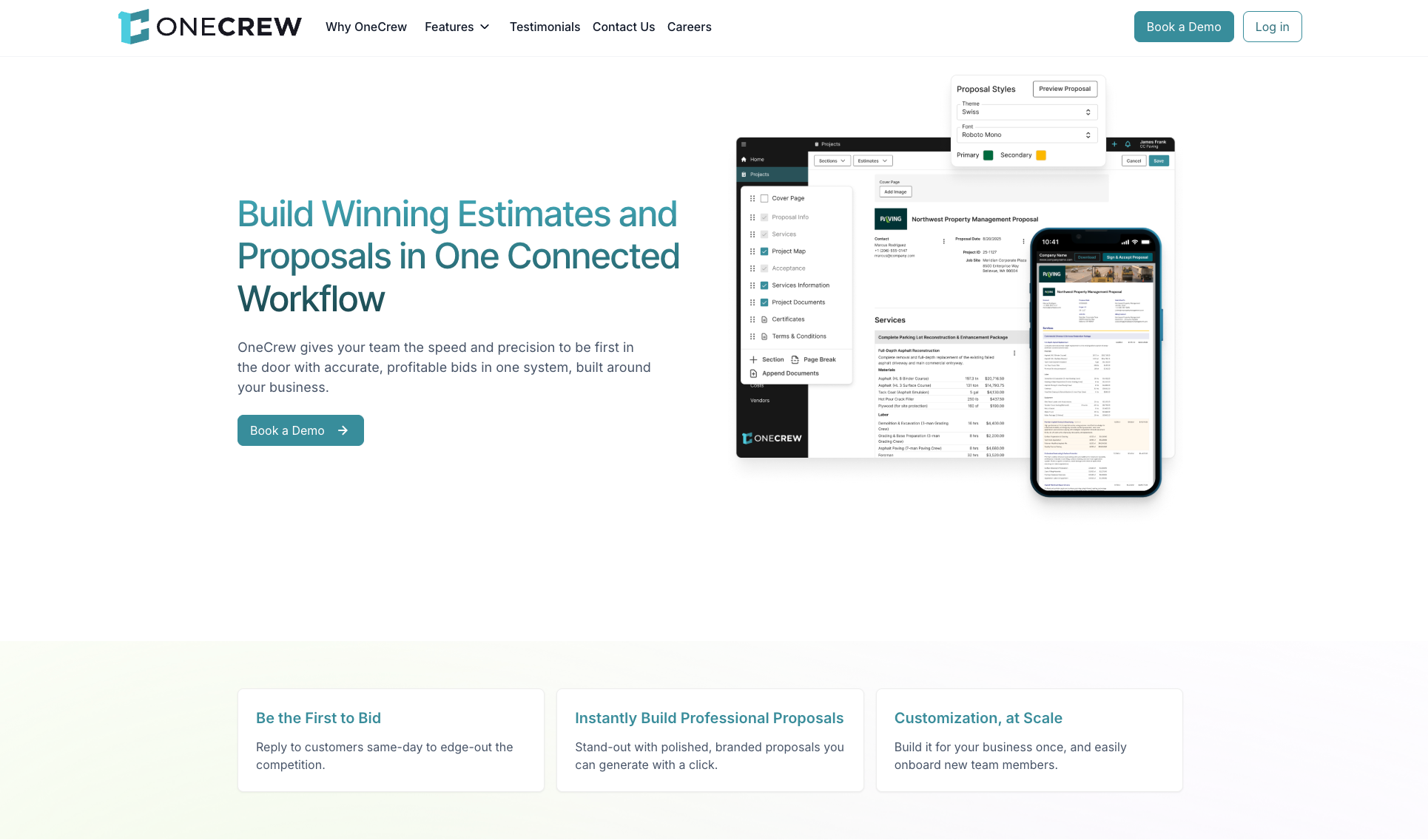 Screenshot of OneCrew's proposal-building interface showing a desktop editor with a paving project checklist and cost breakdown alongside a mobile preview of the branded proposal, under the heading "Build Winning Estimates and Proposals in One Connected Workflow."