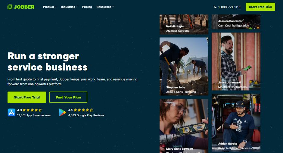 Screenshot of the Jobber homepage featuring the headline "Run a stronger service business," promoting its platform for managing jobs from quote to payment, with free trial and pricing calls-to-action, App Store and Google Play ratings, and photos of home service professionals in the field.