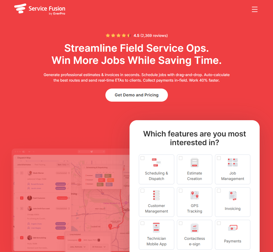 Screenshot of the Service Fusion homepage highlighting field service management software with the headline "Streamline Field Service Ops. Win More Jobs While Saving Time," a "Get Demo and Pricing" call-to-action, and a feature selection panel showcasing scheduling, estimates, job management, GPS tracking, invoicing, payments, and customer management.