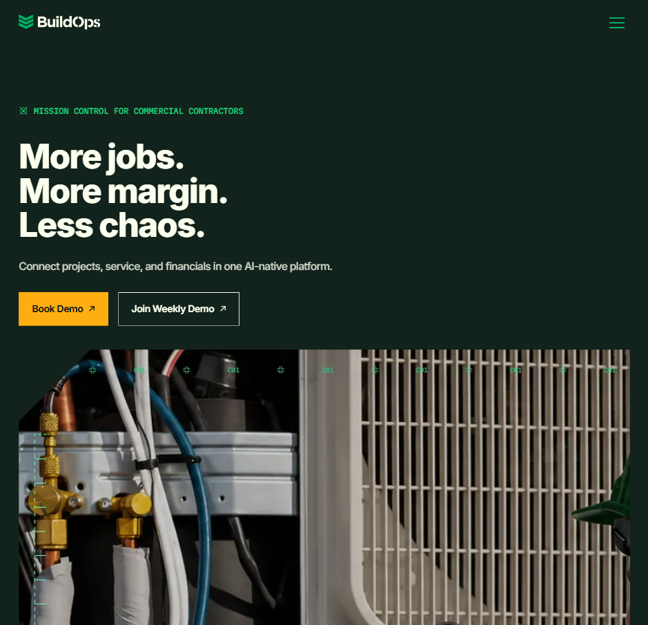 Screenshot of the BuildOps homepage featuring the headline "More jobs. More margin. Less chaos." promoting its AI-powered commercial contractor platform, with "Book Demo" and "Join Weekly Demo" buttons above an image of commercial HVAC equipment.