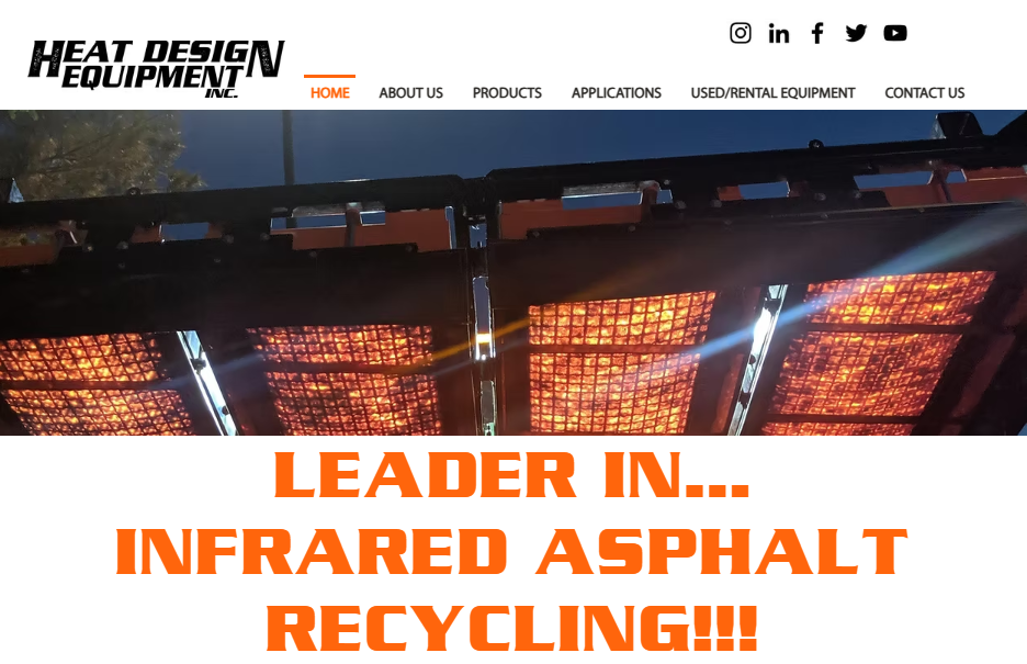 Heat Design Equipment website homepage featuring glowing infrared heating panels and the headline “Leader in Infrared Asphalt Recycling.”