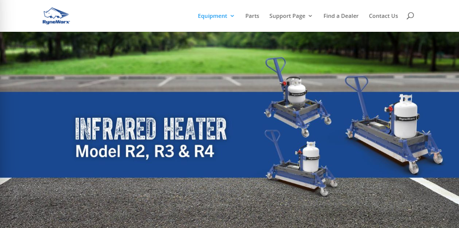 RyneWorx website banner displaying three propane-powered infrared asphalt heaters, labeled Models R2, R3, and R4.