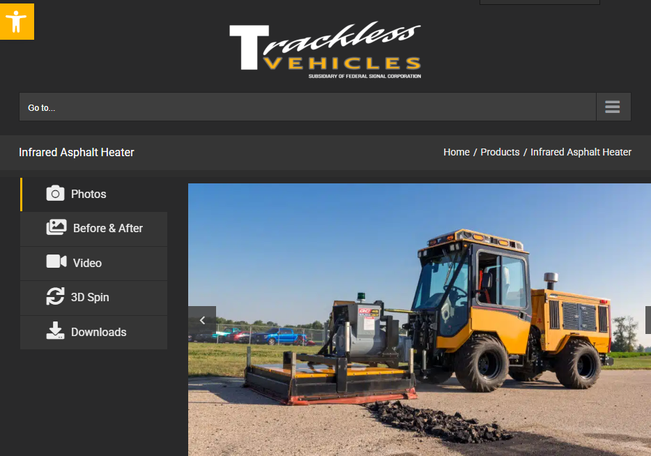 Trackless Vehicles product webpage showing a yellow utility vehicle operating an infrared asphalt heater over a pavement repair area.