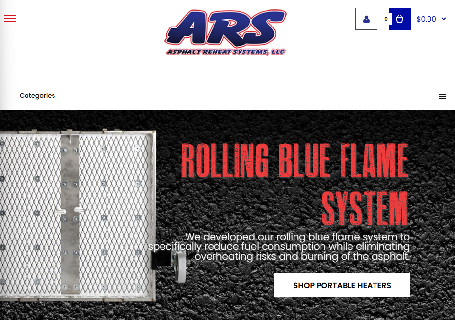 Asphalt Reheat Systems website banner promoting its Rolling Blue Flame System, with a portable infrared heater shown against an asphalt-texture background.