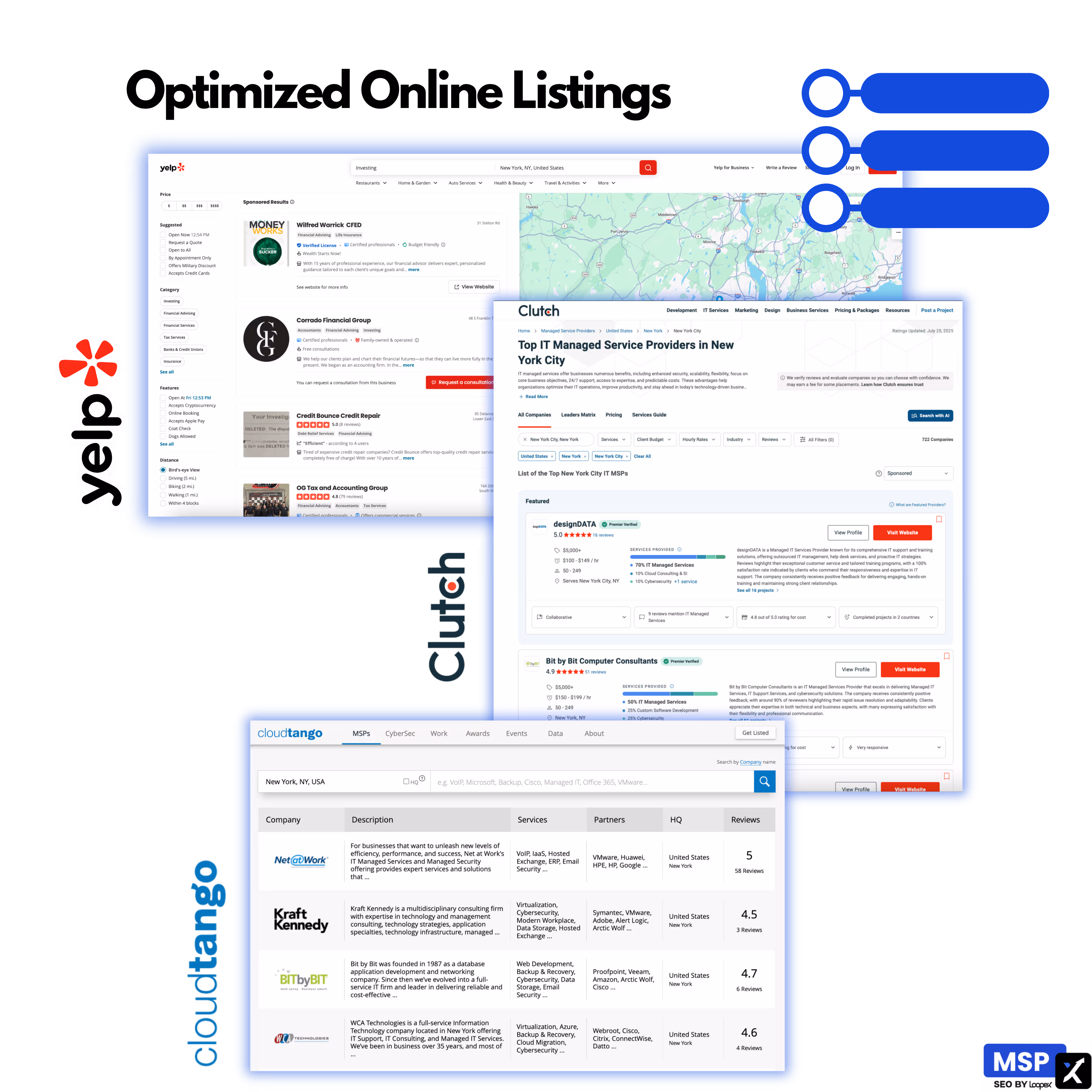Optimized online listings and citations for MSPs