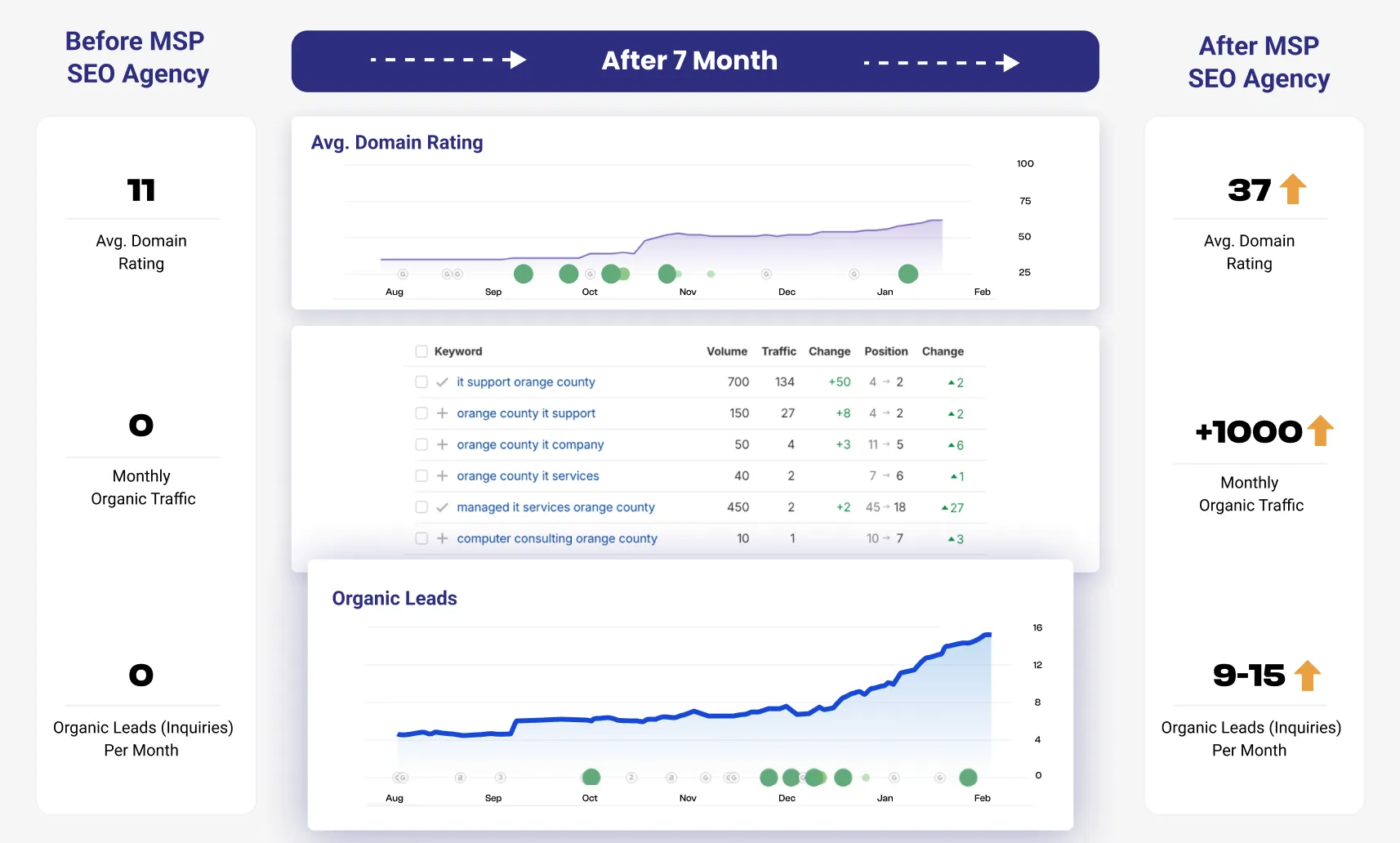 MSP seo results (DR, keywords and referring domains) 