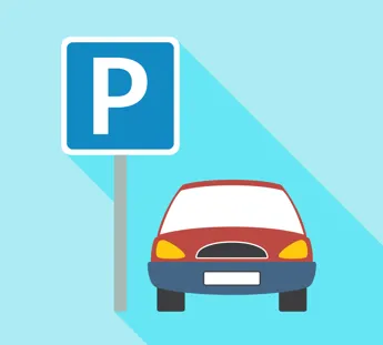 A blue parking sign next to a red car.