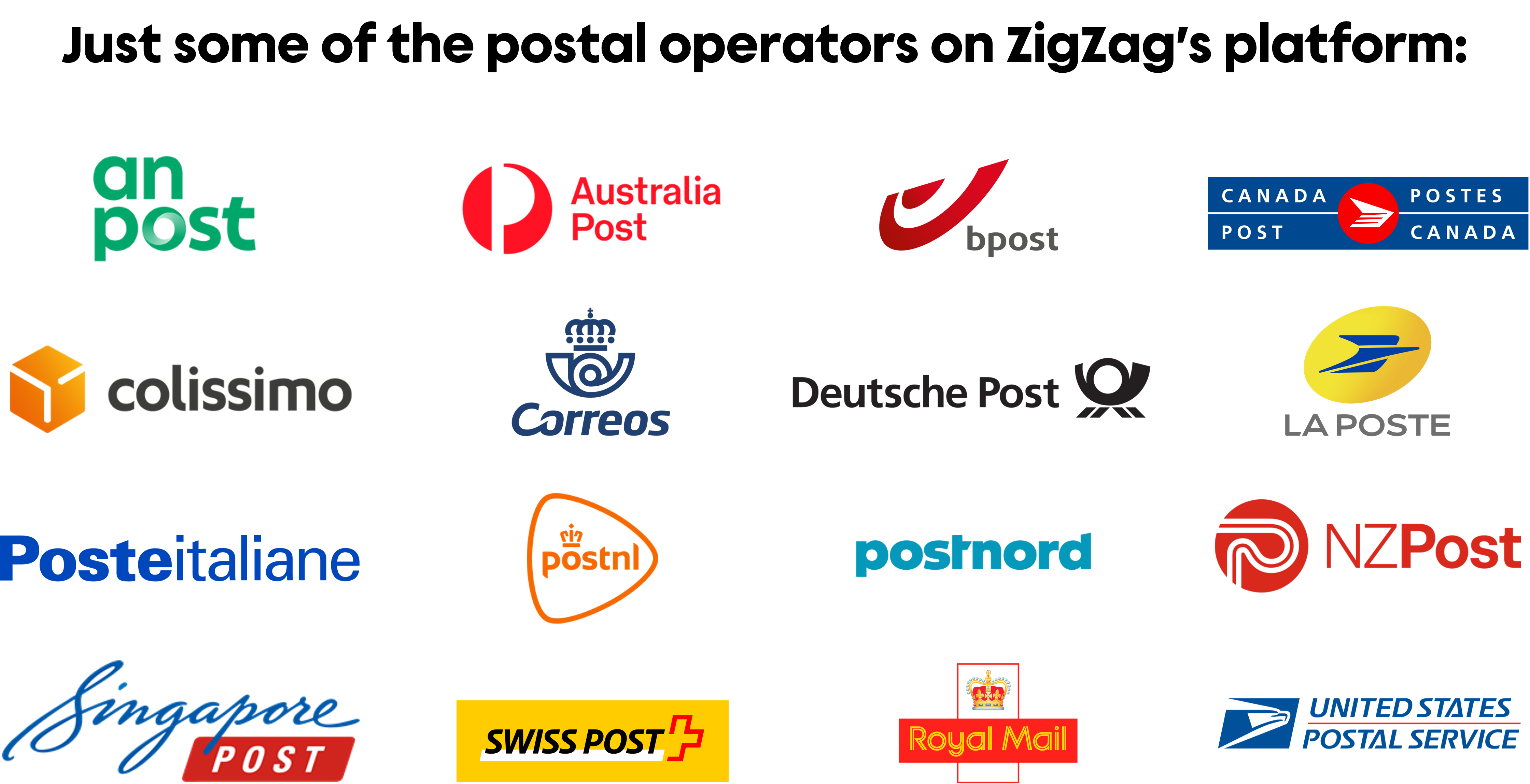 Just some of the postal operators on ZigZag's platform including Royal Mail, Canada Post, USPS, and Deutsche Post