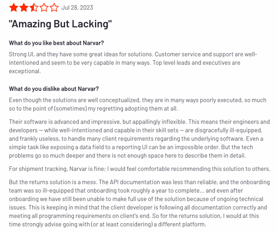Narvar has limited customisation according to this review
