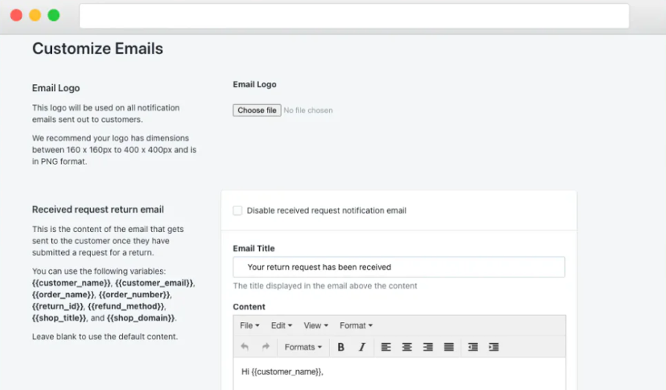 Customise Emails on ZigZag returns and exchanges shopify app