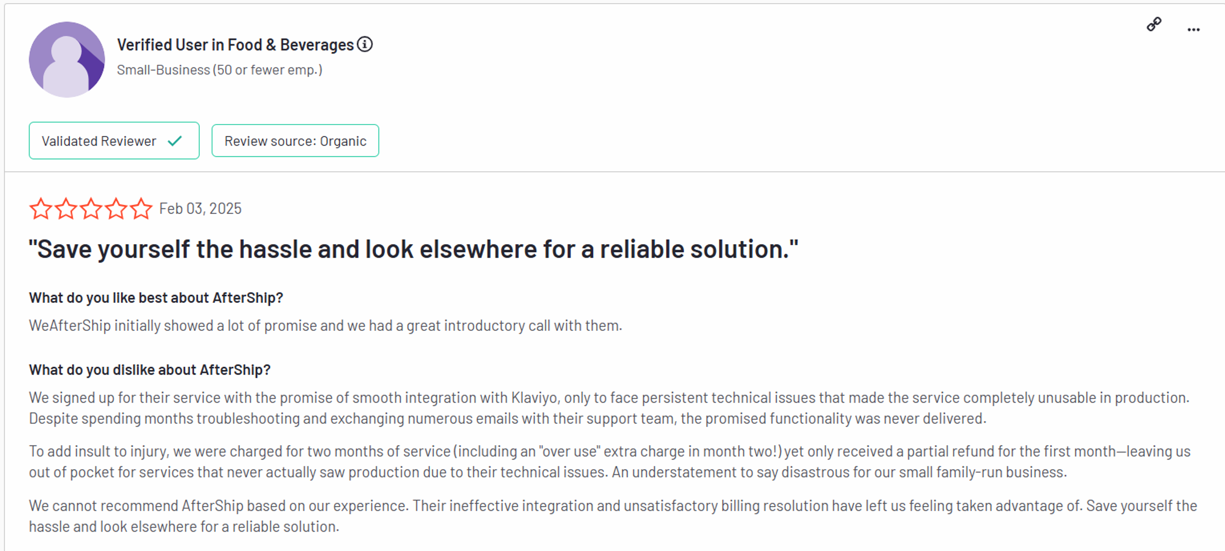 Aftership poor review "save yourself the hassle and look elsewhere for a reliable solution"