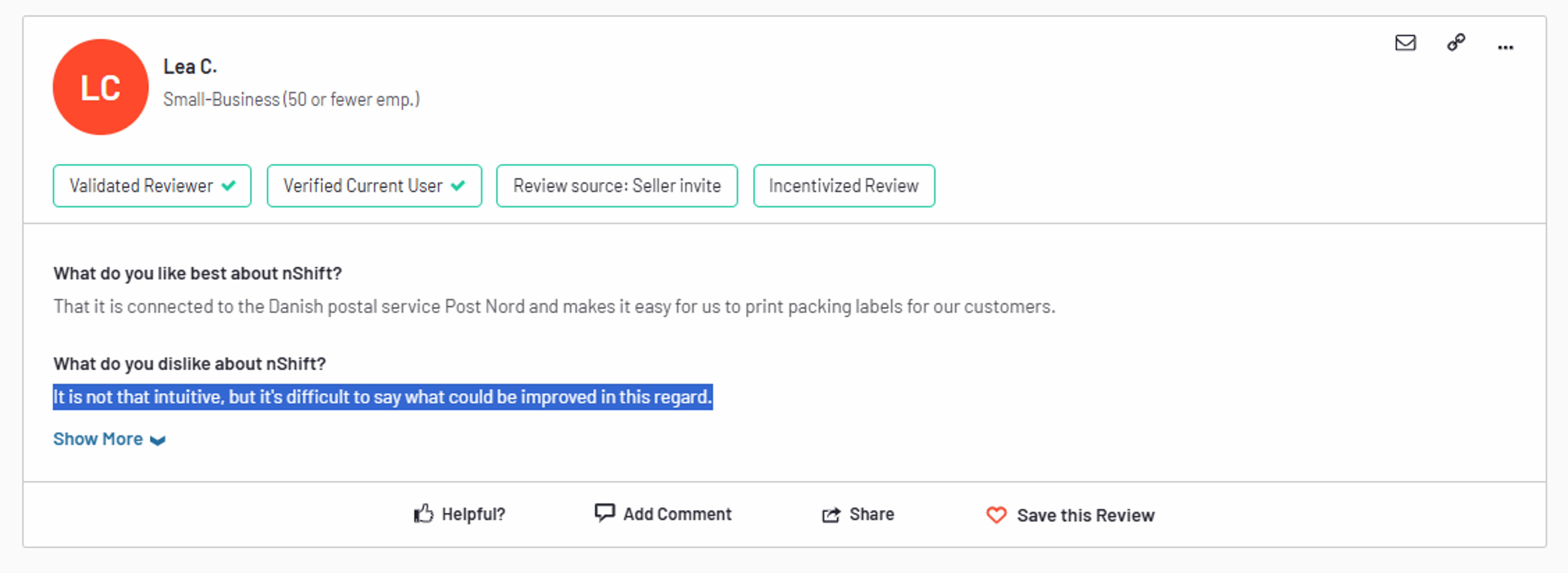 Poor customer review for nShift "Not very intuitive"