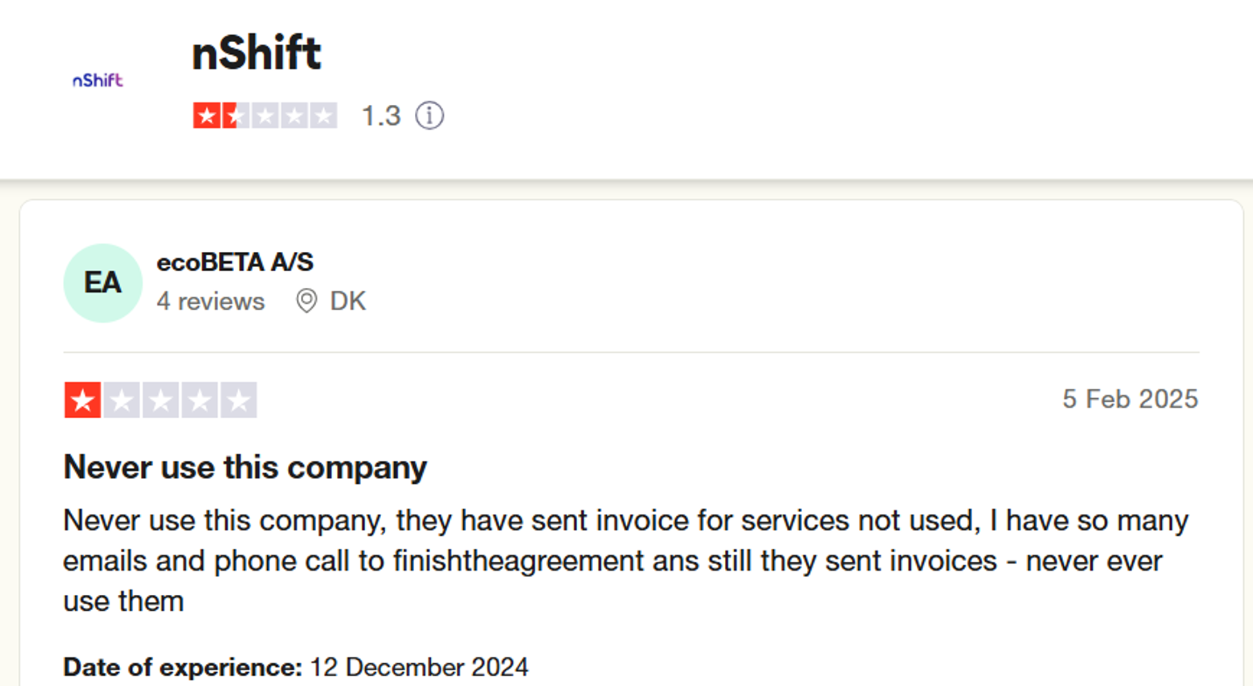 Poor customer review for nShift "Not fulfilling the service charged for"