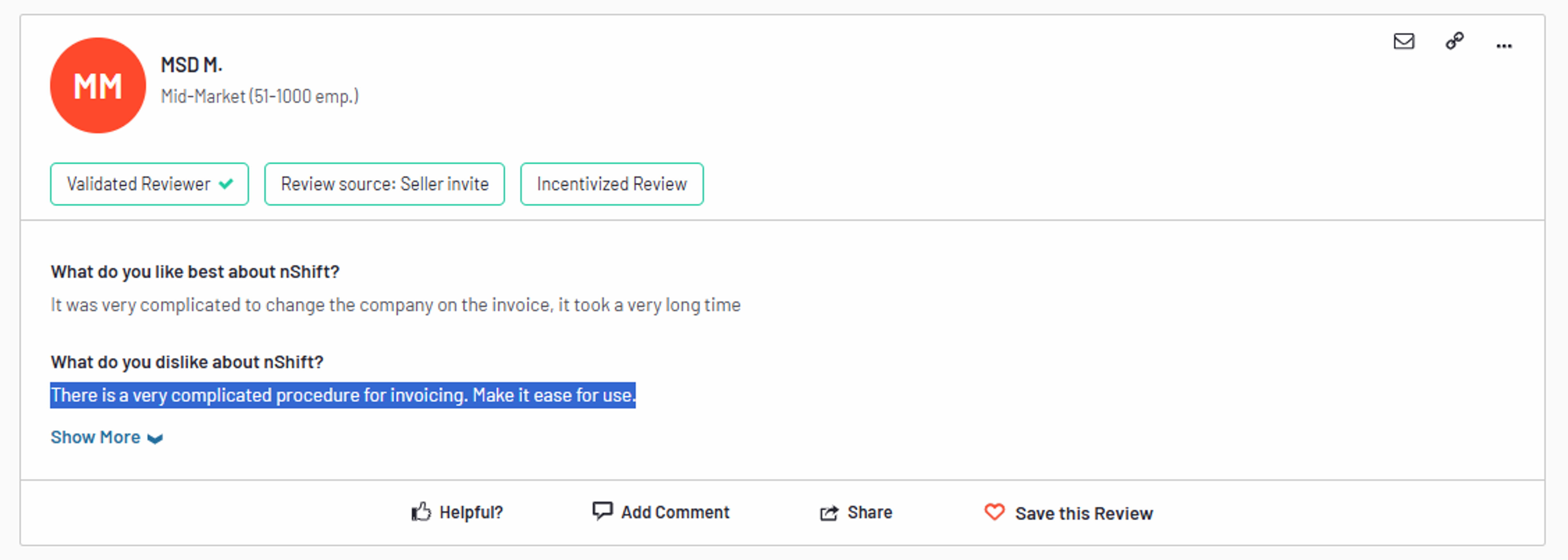Poor customer review for nShift "poor procedure for invoicing"