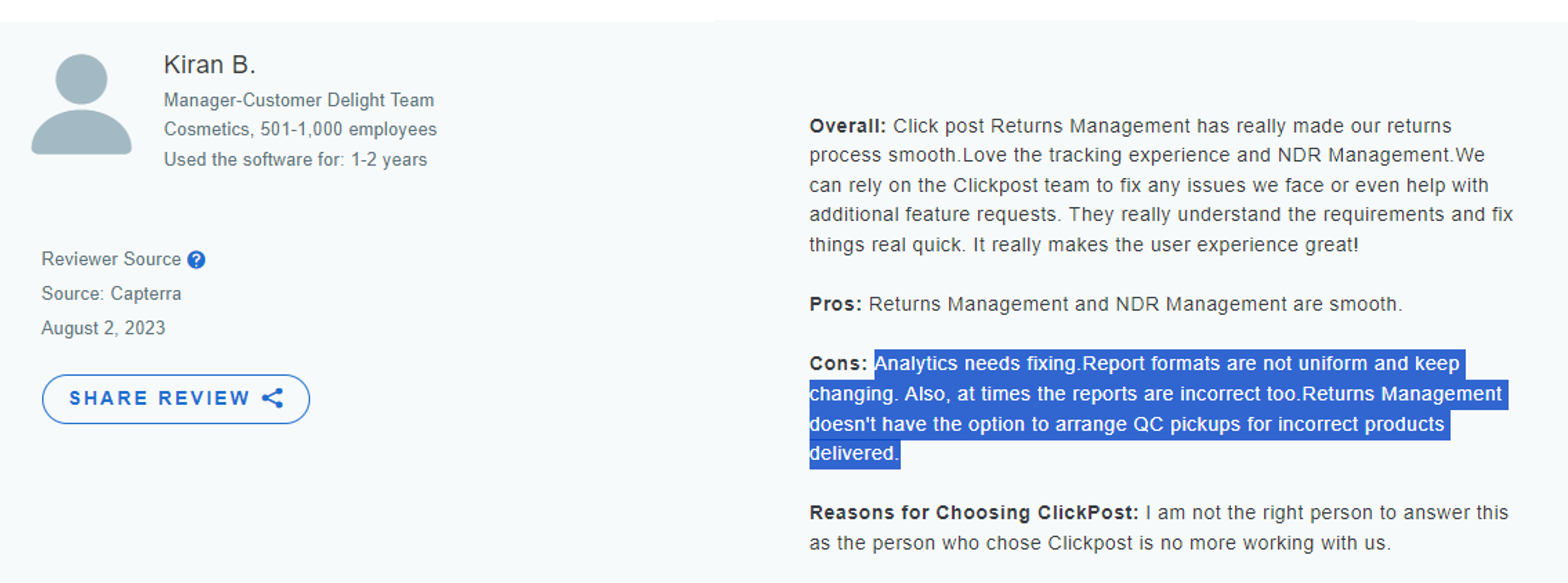 ClickPost Poor customer review "Poor data analytics available"