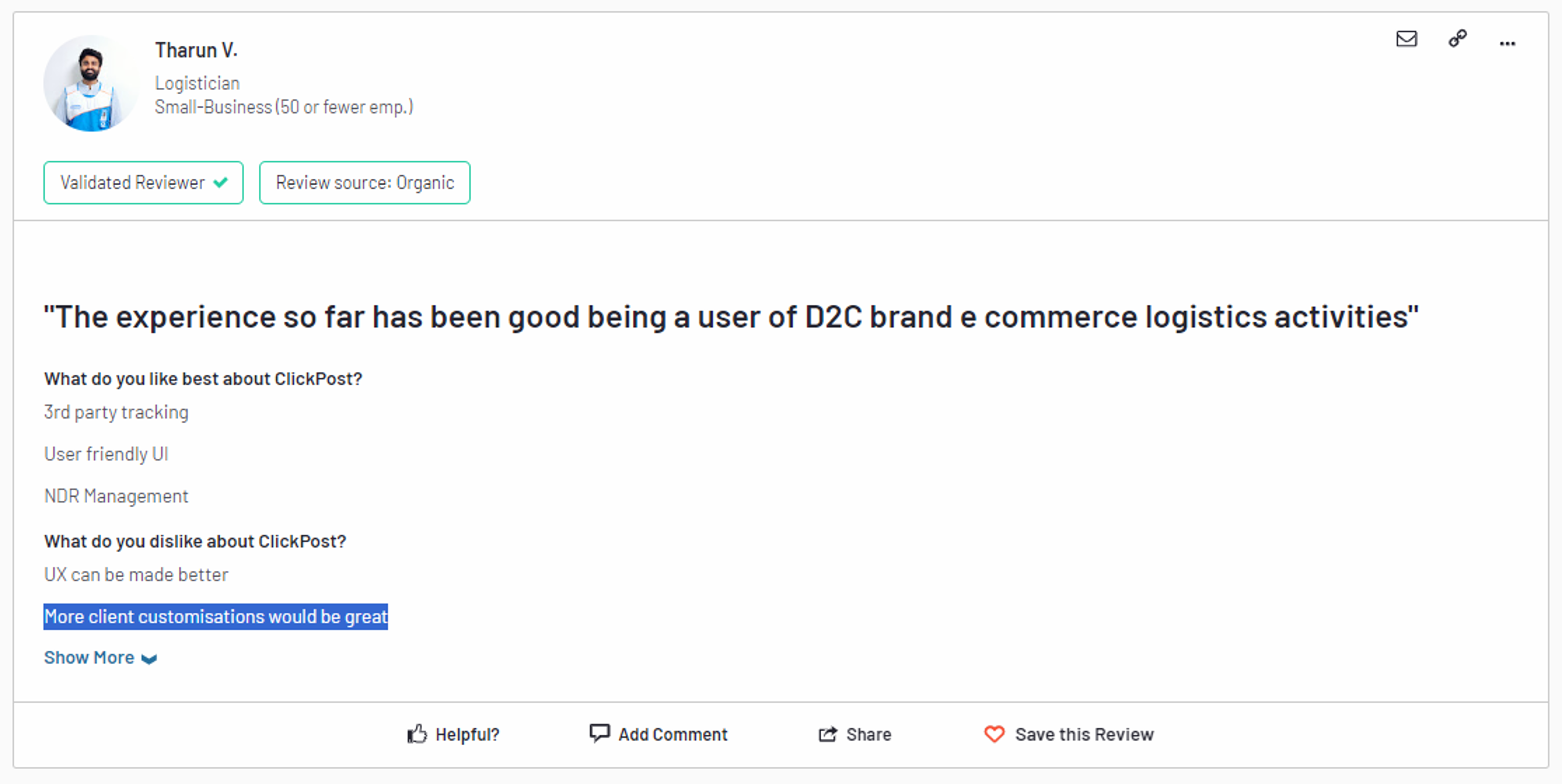 ClickPost Poor customer review "Limited customisation"