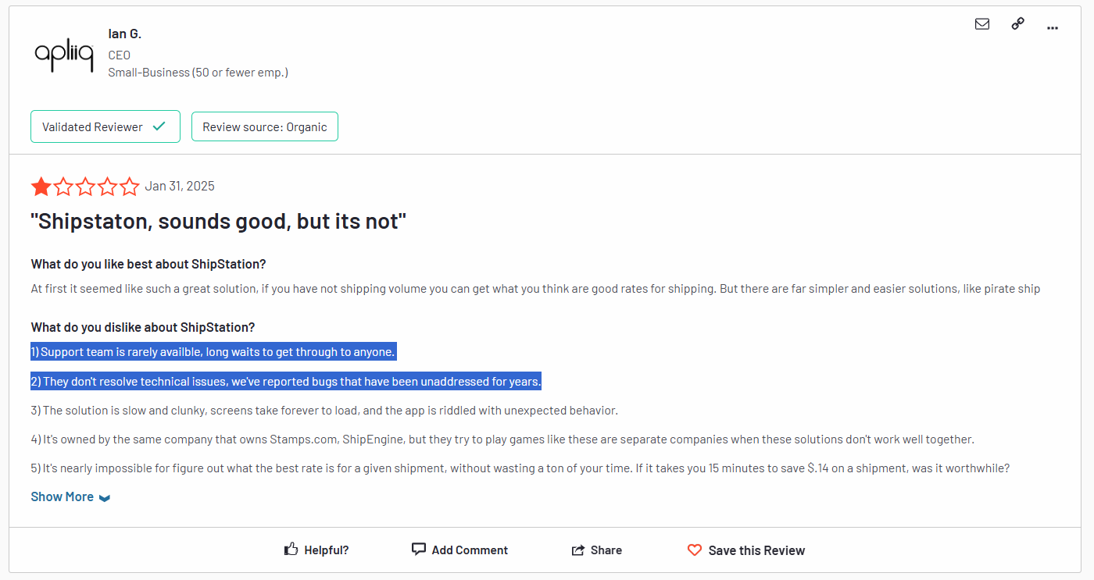 ShipStation poor customer review "Support Team is rarely available, long waits to get through"