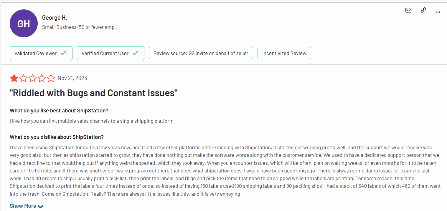 ShipStation poor customer review "Riddle with bugs and constant issues"